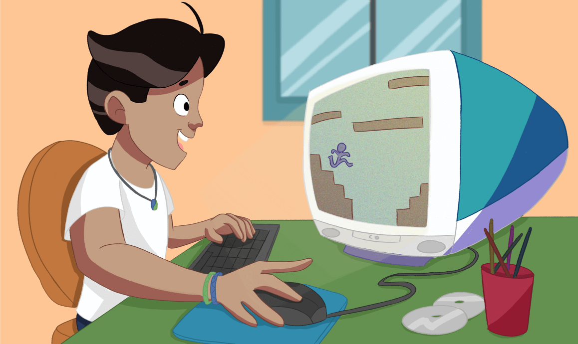 Illustration of a kid playing a computer game